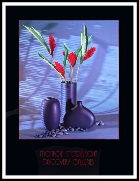 Ginger flower still life wall art print in dark ceramic vases
