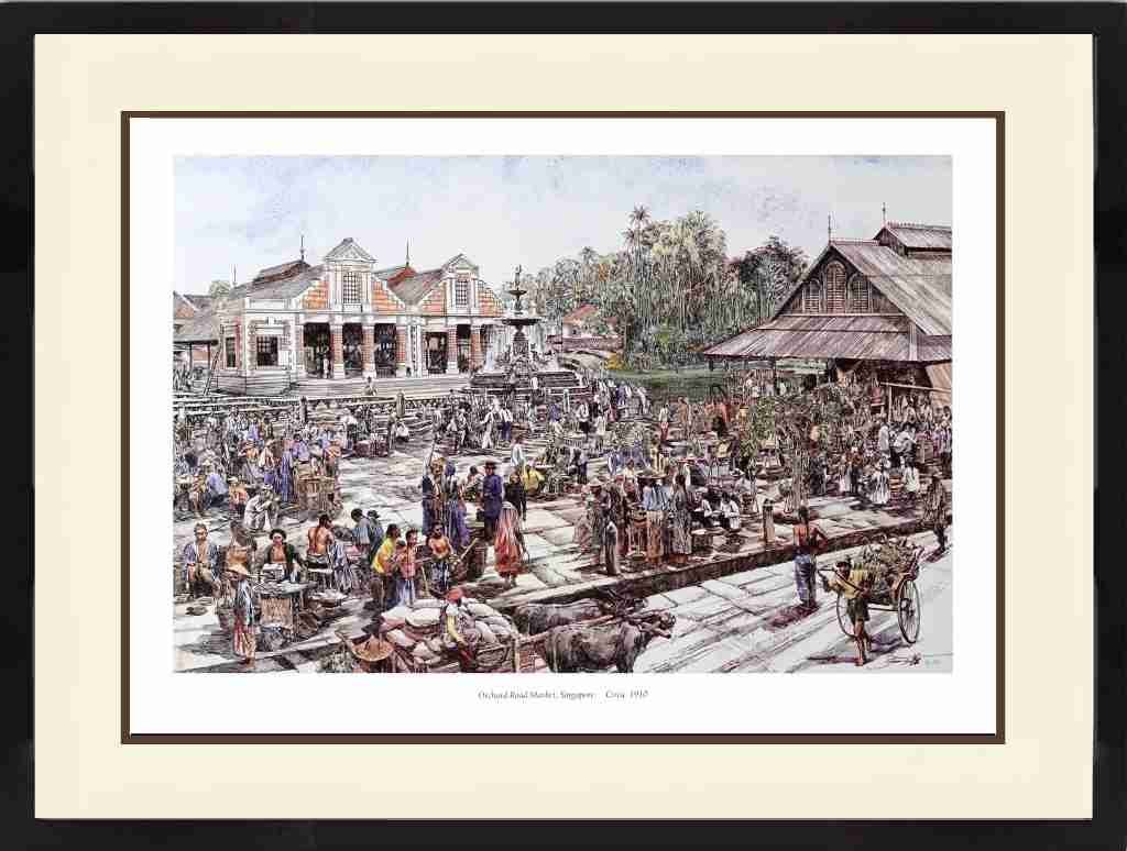 Watercolour painting of early singapore orchard road marketplace 1910