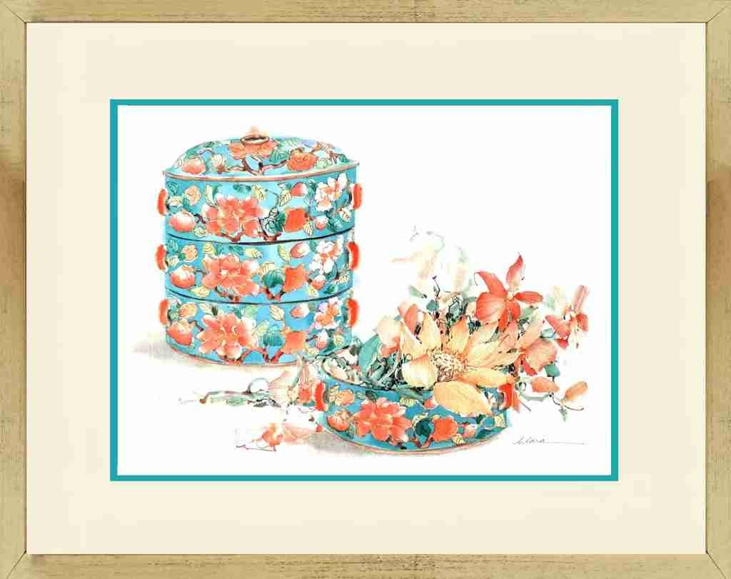 Watercolour Painting wall art of a Turquoise Peranakan Porcelain Tengkat Tiffin Carrier with Flowers by Clara Hung Mei Yee